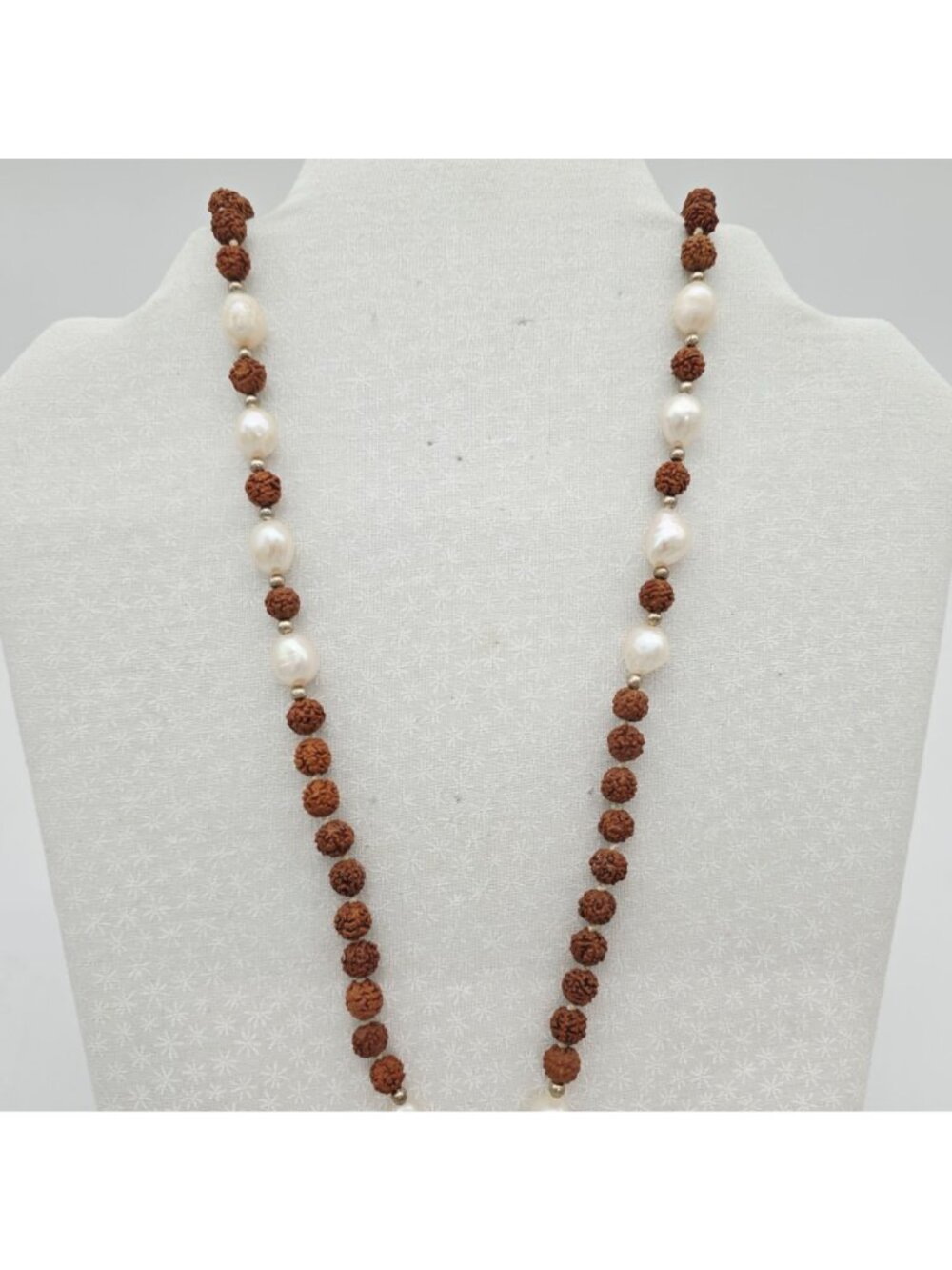 Rudraksha & Freshwater Pearl Beaded Necklace With White Tassel Pendant 36" - Picture 4 of 7